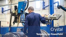  Presentation with industrial machine - Presentation enhanced with worker-operating-an-automatic-welding background and a ocean colored foreground
