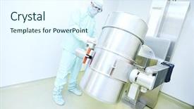  Presentation with pharmacy tablet - Amazing presentation design having worker operating pharmacy tablet press backdrop and a sky blue colored foreground