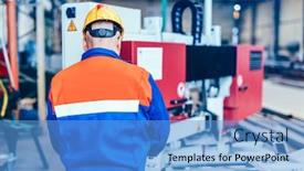  Presentation with steel factory - Presentation theme with worker-operating-saw-machine background and a teal colored foreground