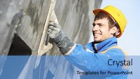  Presentation with facade - Audience pleasing PPT layouts consisting of worker plastering facade industrial building backdrop and a light blue colored foreground