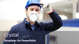  Presentation with coronavirus - Amazing PPT theme having worker-portrait-wearing-a-mask backdrop and a navy blue colored foreground