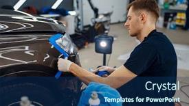  Presentation with worker - Audience pleasing slide deck consisting of worker-prepares-car-to-applying backdrop and a navy blue colored foreground