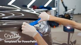  Presentation with worker - PPT theme enhanced with worker-prepares-car-to-applying background and a violet colored foreground