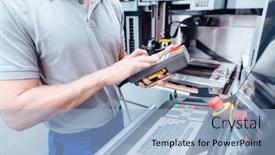  Presentation with manufacturing - Slides having worker-pushing-button-to-operate background and a light blue colored foreground