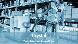  Presentation with warehouse - PPT layouts having worker pushing trolley with boxes background and a light blue colored foreground