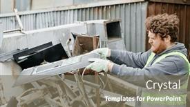  Presentation with scrap metal - PPT theme featuring worker-putting-metal-piece background and a violet colored foreground