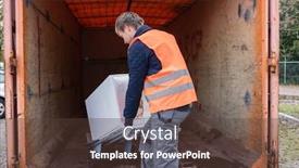  Presentation with container - Beautiful PPT layouts featuring worker-putting-old-washing-machine backdrop and a tawny brown colored foreground