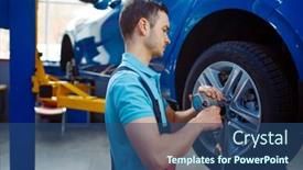  Presentation with lift - Amazing presentation design having worker-removes-wheel-from-vehicle backdrop and a ocean colored foreground