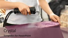  Presentation with china laundry - Colorful PPT theme enhanced with worker removing stains using special backdrop and a violet colored foreground