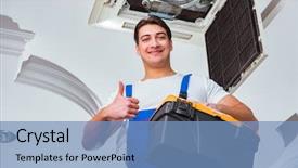  Presentation with air conditioning - Colorful presentation design enhanced with worker repairing ceiling air conditioning backdrop and a teal colored foreground