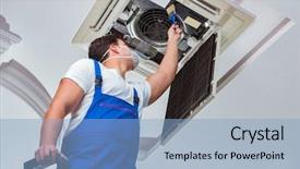  Presentation with air conditioning - Amazing slide deck having worker repairing ceiling air conditioning backdrop and a light blue colored foreground