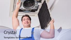  Presentation with air conditioning - Slide deck with worker repairing ceiling air conditioning background and a  colored foreground