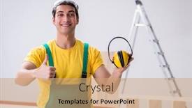  Presentation with noise - Audience pleasing presentation consisting of worker showing the importnace of wearing noise cancelling headph backdrop and a coral colored foreground