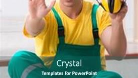  Presentation with noise - Cool new slides with worker showing the importnace of wearing noise cancelling headph backdrop and a ocean colored foreground