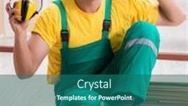  Presentation with noise - Amazing PPT layouts having worker showing the importnace of wearing noise cancelling headph backdrop and a ocean colored foreground