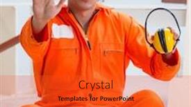  Presentation with noise - Audience pleasing slide set consisting of worker showing the importnace of wearing noise cancelling headph backdrop and a red colored foreground