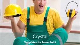  Presentation with noise - Presentation design enhanced with worker showing the importnace of wearing noise cancelling headph background and a ocean colored foreground