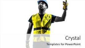  Presentation with hoist - Slide set with worker signaling looking up hoist background and a white colored foreground