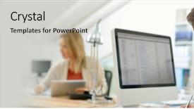  Presentation with office desk reception - PPT layouts consisting of worker sitting at desk template background and a  colored foreground