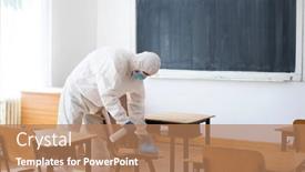  Presentation with new season - Amazing PPT theme having worker-sprays-disinfectant-as-part backdrop and a coral colored foreground