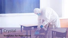  Presentation with spread - Presentation with worker-sprays-disinfectant-as-part background and a coral colored foreground