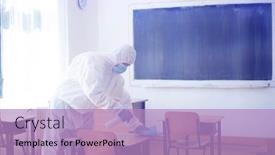  Presentation with new season - Slide deck featuring worker-sprays-disinfectant-as-part background and a light blue colored foreground