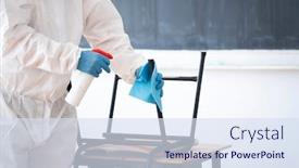  Presentation with new season - Cool new slides with worker-sprays-disinfectant-as-part backdrop and a sky blue colored foreground