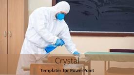  Presentation with new season - Beautiful slide set featuring worker-sprays-disinfectant-as-part backdrop and a coral colored foreground