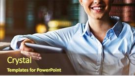  Presentation with portrait of excited overjoyed female - Colorful presentation enhanced with worker standing with digital tablet backdrop and a tawny brown colored foreground