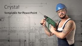  Presentation with worker - Slide deck enhanced with worker-standing-with-tool background and a light gray colored foreground