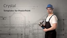  Presentation with technical - PPT theme featuring worker standing with tool in his hand in front of technical drawings background and a light gray colored foreground