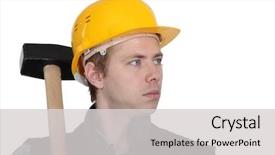 Presentation with office ergonomics man worker exercising - PPT layouts having worker stood with sledge-hammer background and a light gray colored foreground