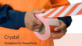  Presentation with stretch - Amazing theme having worker stretch warning tape isolated backdrop and a gold colored foreground