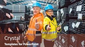  Presentation with trade - Beautiful presentation theme featuring worker-team-in-warehouse backdrop and a tawny brown colored foreground