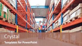  Presentation with warehouse logistics - PPT layouts enhanced with worker-team-standing-between-high background and a coral colored foreground