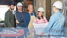  Presentation with production planning - Amazing presentation design having worker-team backdrop and a light blue colored foreground