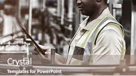  Presentation with production line - Colorful presentation theme enhanced with worker using a digital tablet backdrop and a gray colored foreground