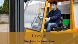  Presentation with forklift - Colorful presentation design enhanced with worker-using-a-forklift-driver backdrop and a gold colored foreground