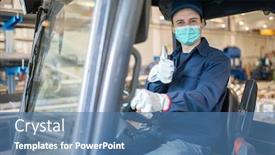  Presentation with forklift - PPT theme featuring worker-using-a-forklift-driver background and a teal colored foreground