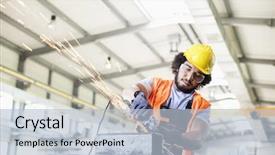  Presentation with worker - Audience pleasing slide deck consisting of worker using grinder on metal backdrop and a light blue colored foreground