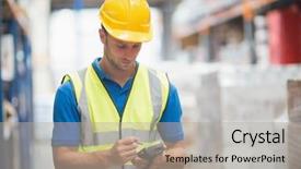  Presentation with worker - Slide set consisting of worker using hand held computer background and a light gray colored foreground