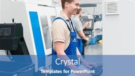  Presentation with factory machine - Slides featuring worker-using-keyboard-to-enter background and a teal colored foreground