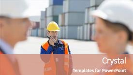 Presentation with walkie talkie - Beautiful PPT theme featuring worker using walkie-talkie while colleagues discussing in foreground at shipping yard backdrop and a coral colored foreground