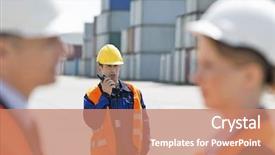  Presentation with walkie talkie - Presentation design featuring worker using walkie-talkie while colleagues discussing in foreground at shipping yard background and a coral colored foreground