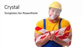  Presentation with tape - Beautiful PPT theme featuring worker wearing coveralls with tape backdrop and a  colored foreground