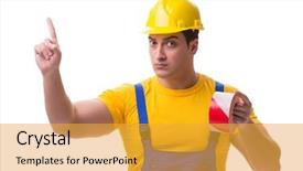 Presentation with caution - Colorful presentation design enhanced with worker wearing coveralls with tape backdrop and a gold colored foreground