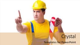  Presentation with funny work environment - Theme having worker wearing coveralls with tape background and a gold colored foreground