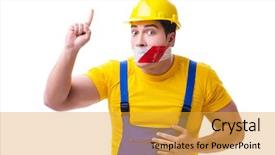  Presentation with funny work environment - PPT layouts enhanced with worker wearing coveralls with tape background and a  colored foreground