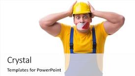  Presentation with worker safety - Colorful slide deck enhanced with worker wearing coveralls with tape backdrop and a  colored foreground