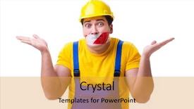  Presentation with tape - Audience pleasing PPT layouts consisting of worker wearing coveralls with tape backdrop and a  colored foreground